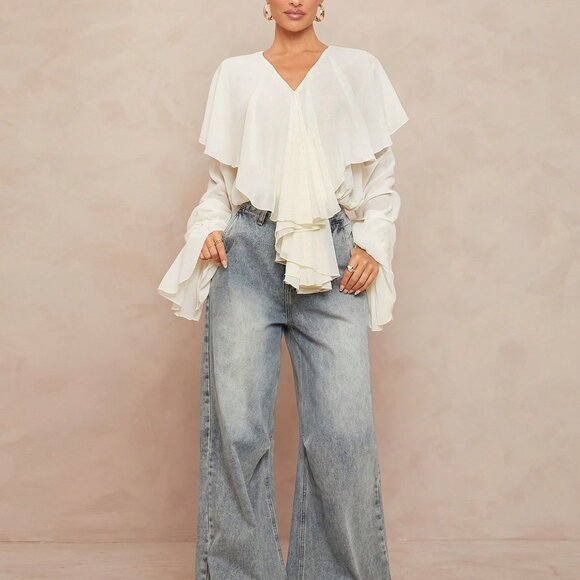 cream toned Casual Women's Boho Ruffled V-Neck Blouse top - Picture 6 of 8